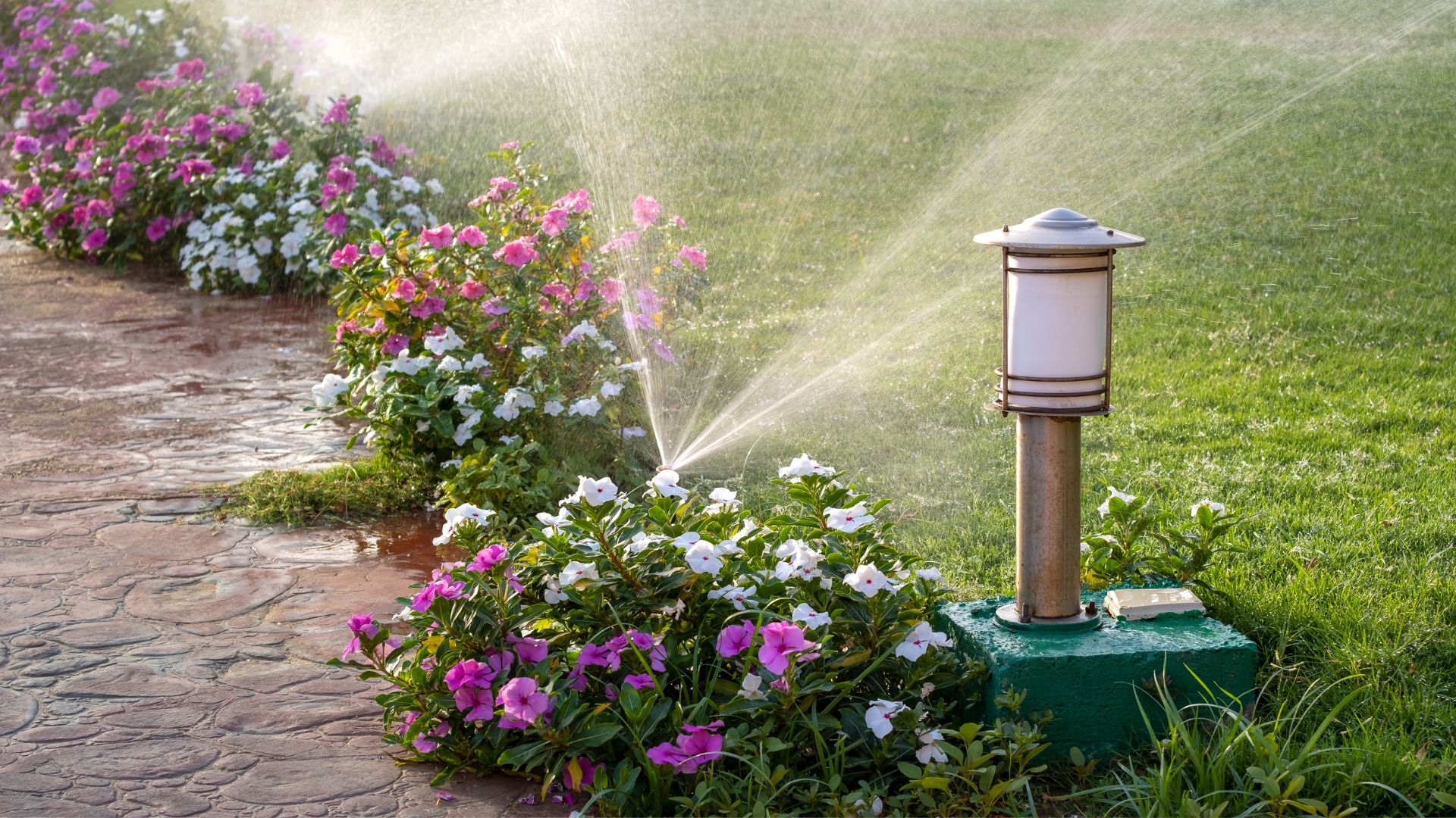 A sprinkler spraying water on a flower bed